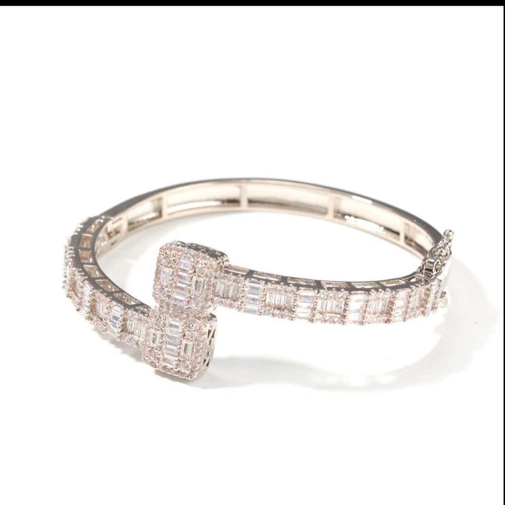Silver open square silver rhinestone bangle, Baguette cuff bracelet,Opened - Picture 2 of 5